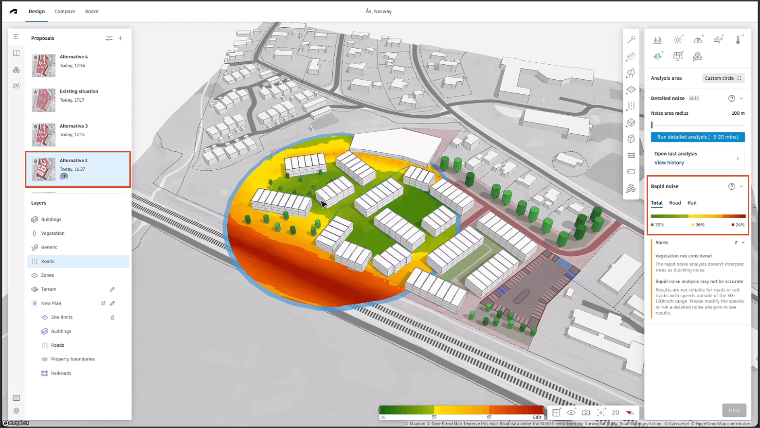 The Forma interface showing the updated results of the noise analysis for the Alternative 2 proposal, with the Rapid noise results highlighted in the right panel.