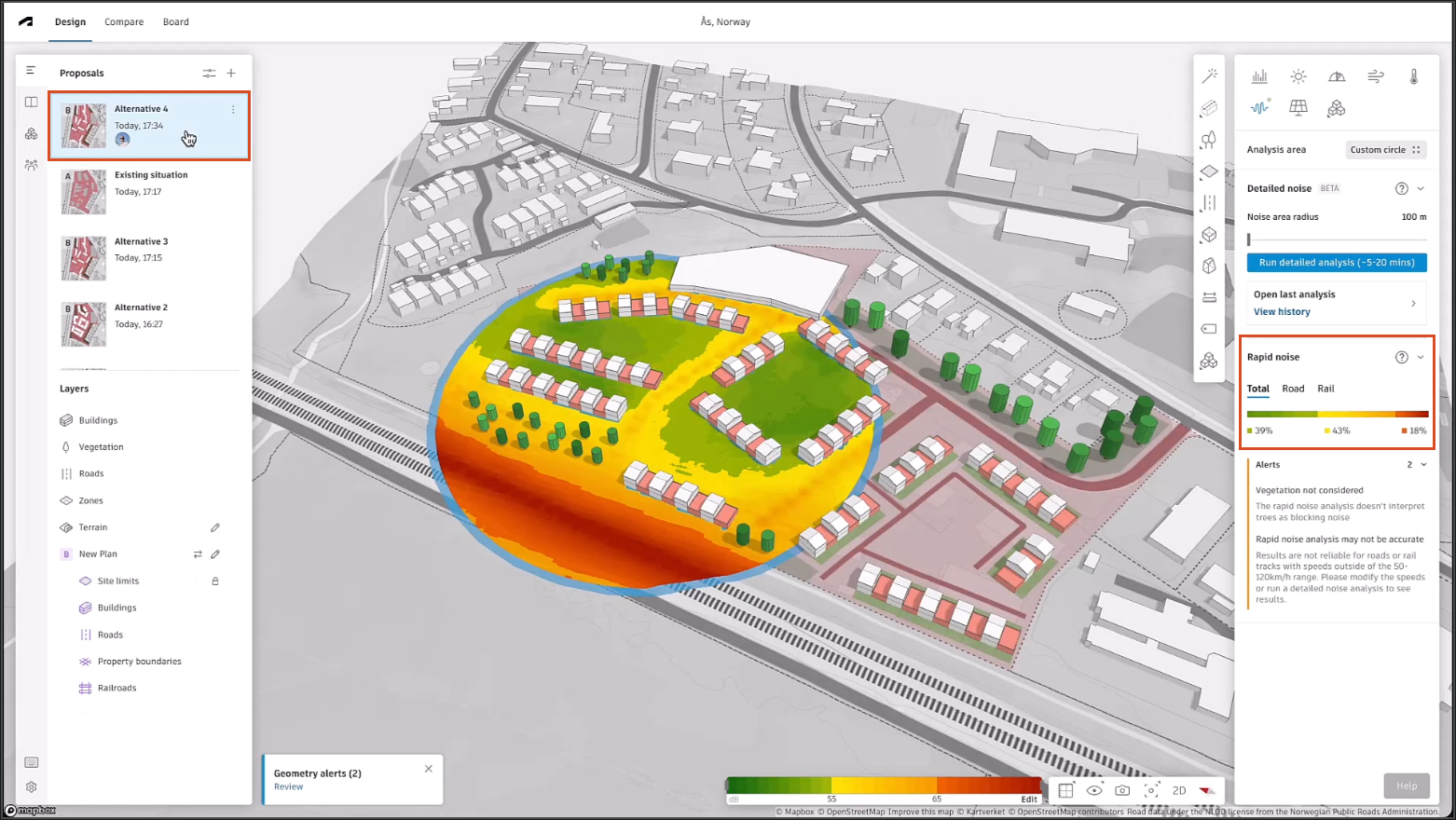 The Forma interface showing the updated results of the noise analysis for the Alternative 4 proposal, with the Rapid noise results highlighted in the right panel.