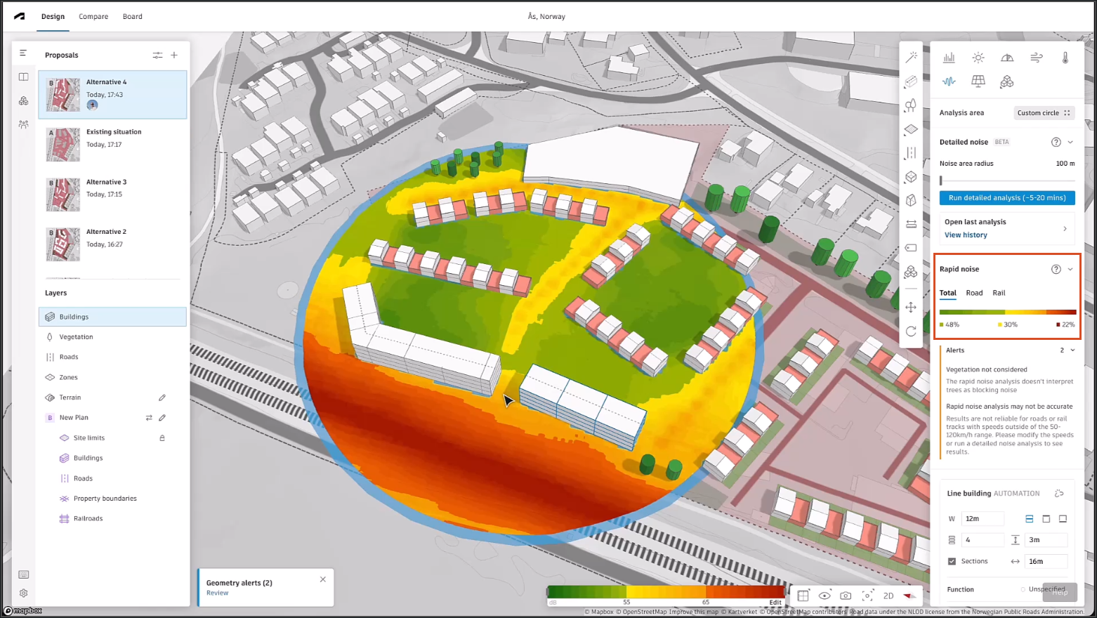 The Forma interface showing the updated results of the noise analysis for the Alternative 4 proposal after design changes were made, with the Rapid noise results highlighted in the right panel.