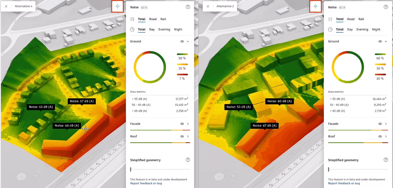 The Forma canvas and right panels, with the Compare mode active and the noise analysis results for proposals Alternative 2 and Alternative 4 showing. Three inspection points have been placed in the canvas that report the noise values at those locations.