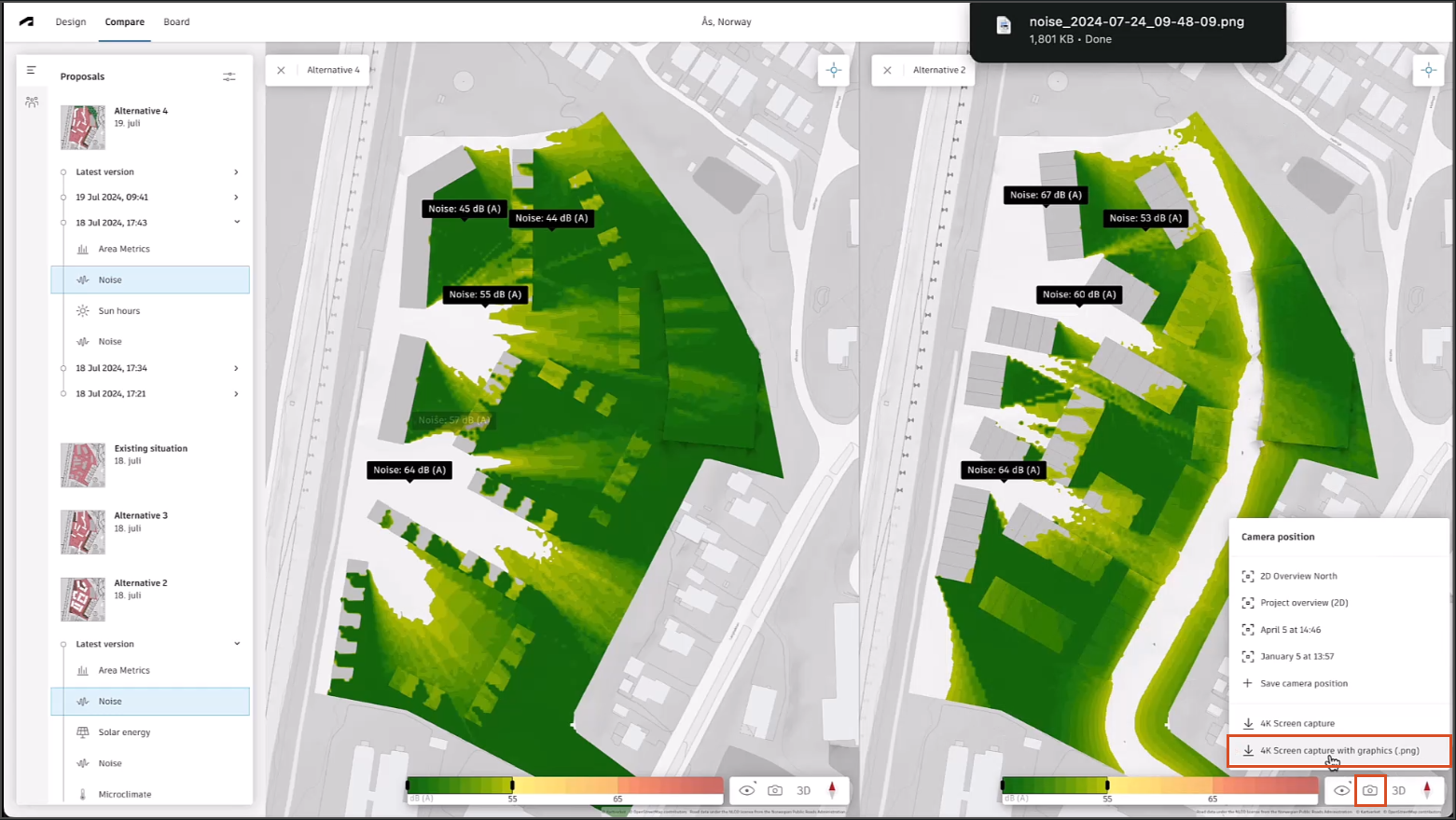 The Forma interface, with the Compare mode active and the noise analysis results for proposals Alternative 2 and Alternative 4 showing in the canvas. The results are filtered in the Analysis bar so that only the green values appear in the canvas.