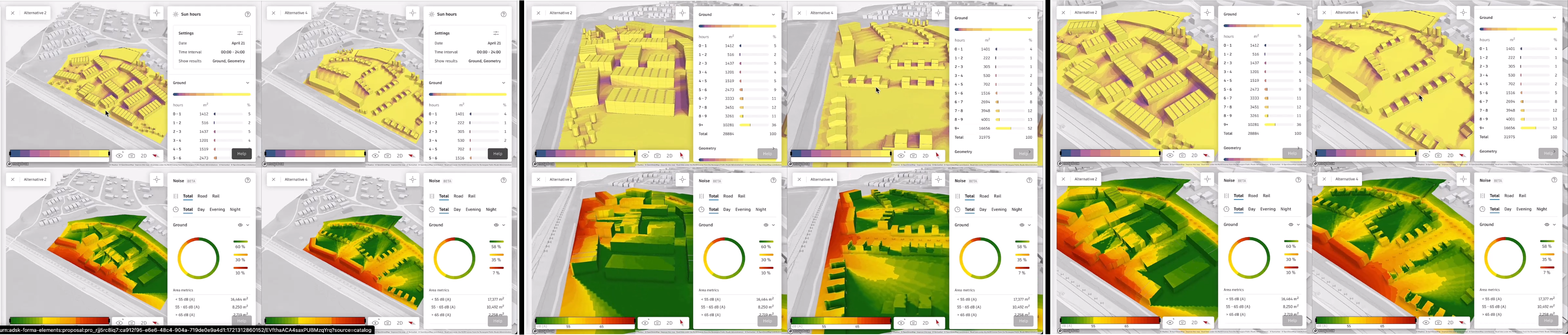 Three images of the four-way split views for the two proposals being compared, showing the various zoom and pan controls alongside the right panel for each analysis.