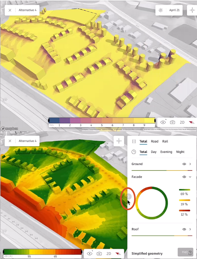 The Sun analysis and Noise analysis for the Alternative 4 proposal, showing the right pane collapsed in the Sun analysis, and open but about to be collapsed in the Noise analysis. The collapse arrow is highlighted with a red oval and the pointer to make it easier to see.