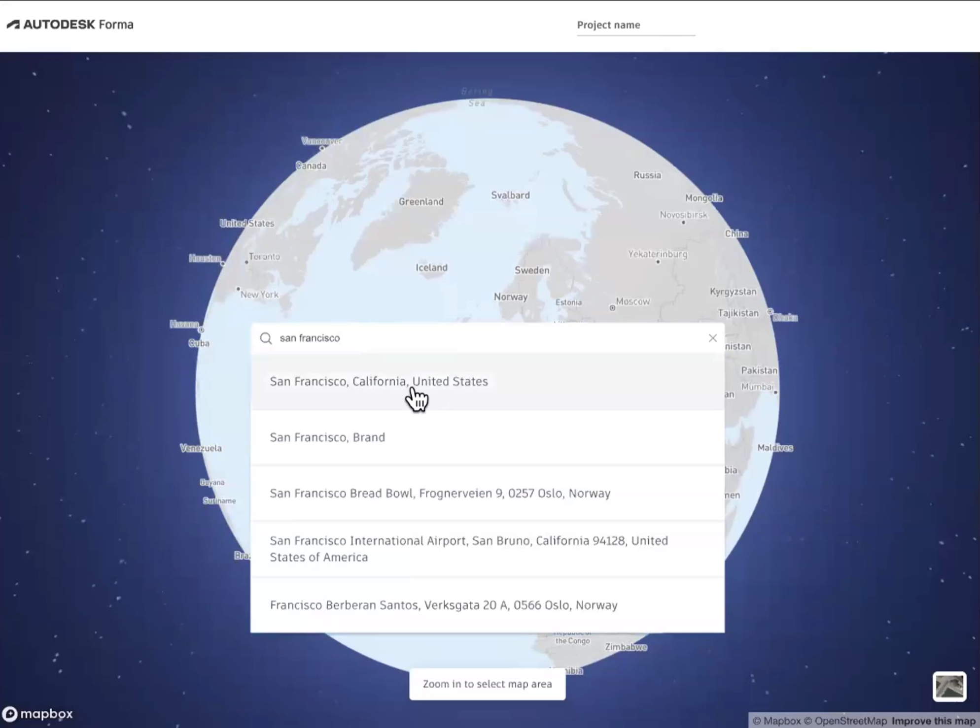 In the Forma interface, a map of the earth, a city name entered in the search field, and an area option selected for this example.