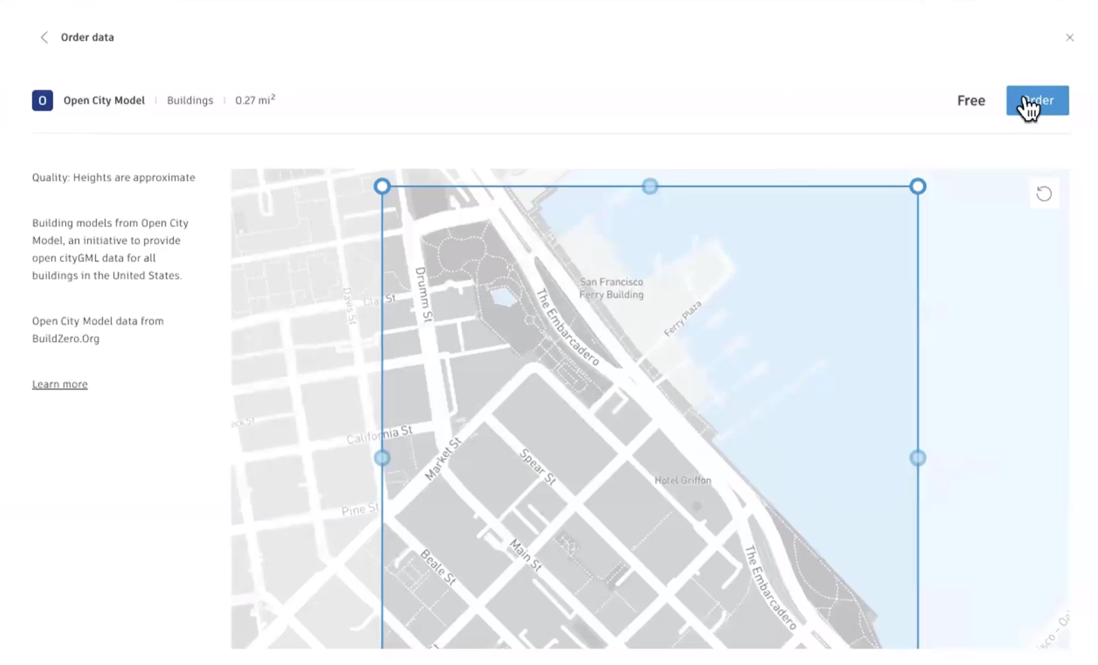 A map and details of the Open City Model selected for this example, with Order selected.