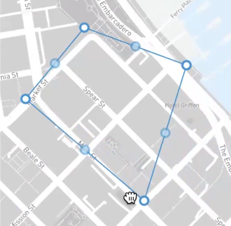 A map of the area selected for this example, with the boundary being adjusted to a smaller area using the control grips.