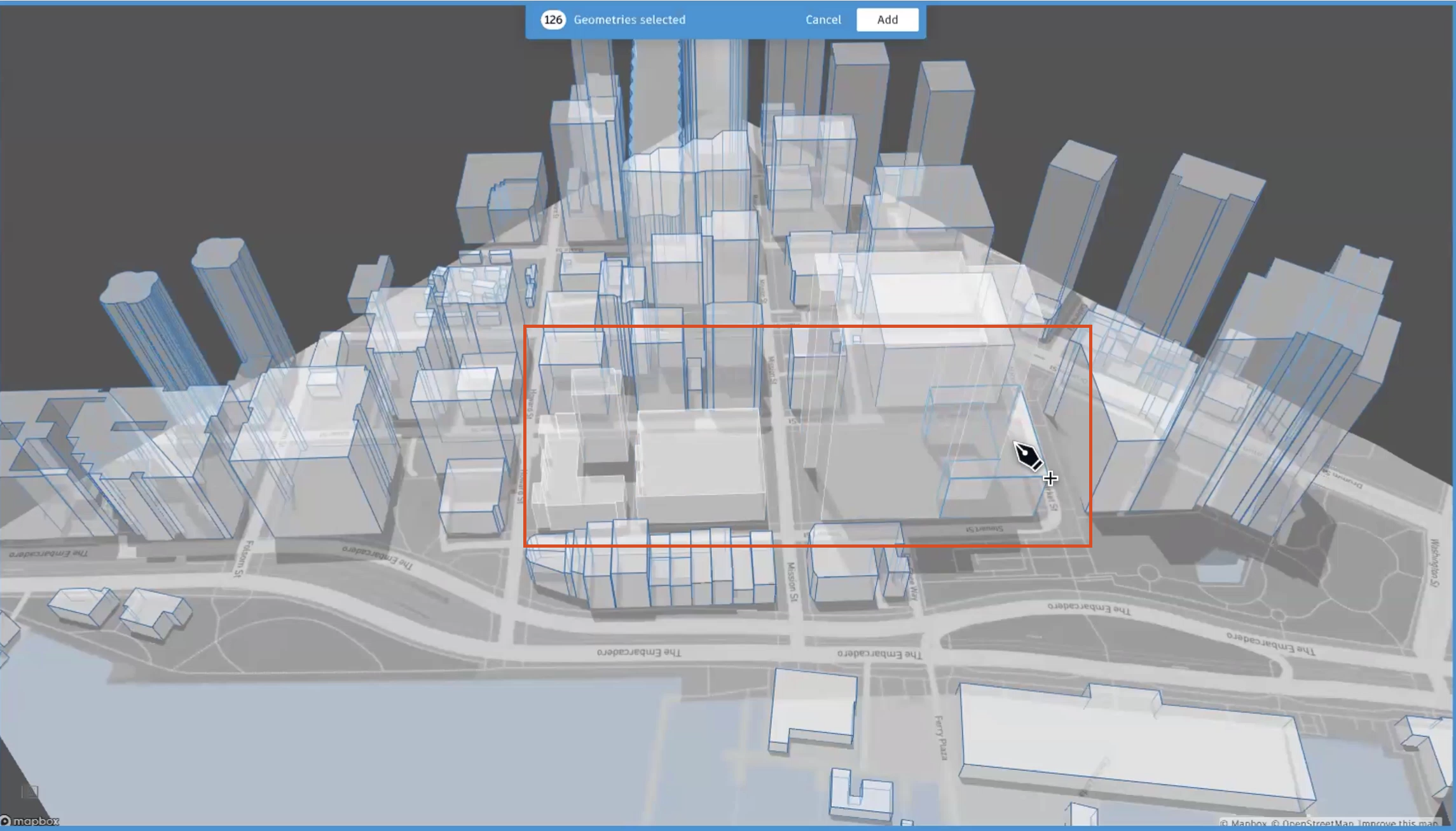 A preview of selected building geometries, with several deselected geometries highlighted in red.