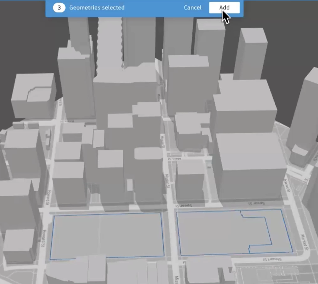 In a preview of the property boundaries, 3 selected geometries highlighted in blue, and Add selected.