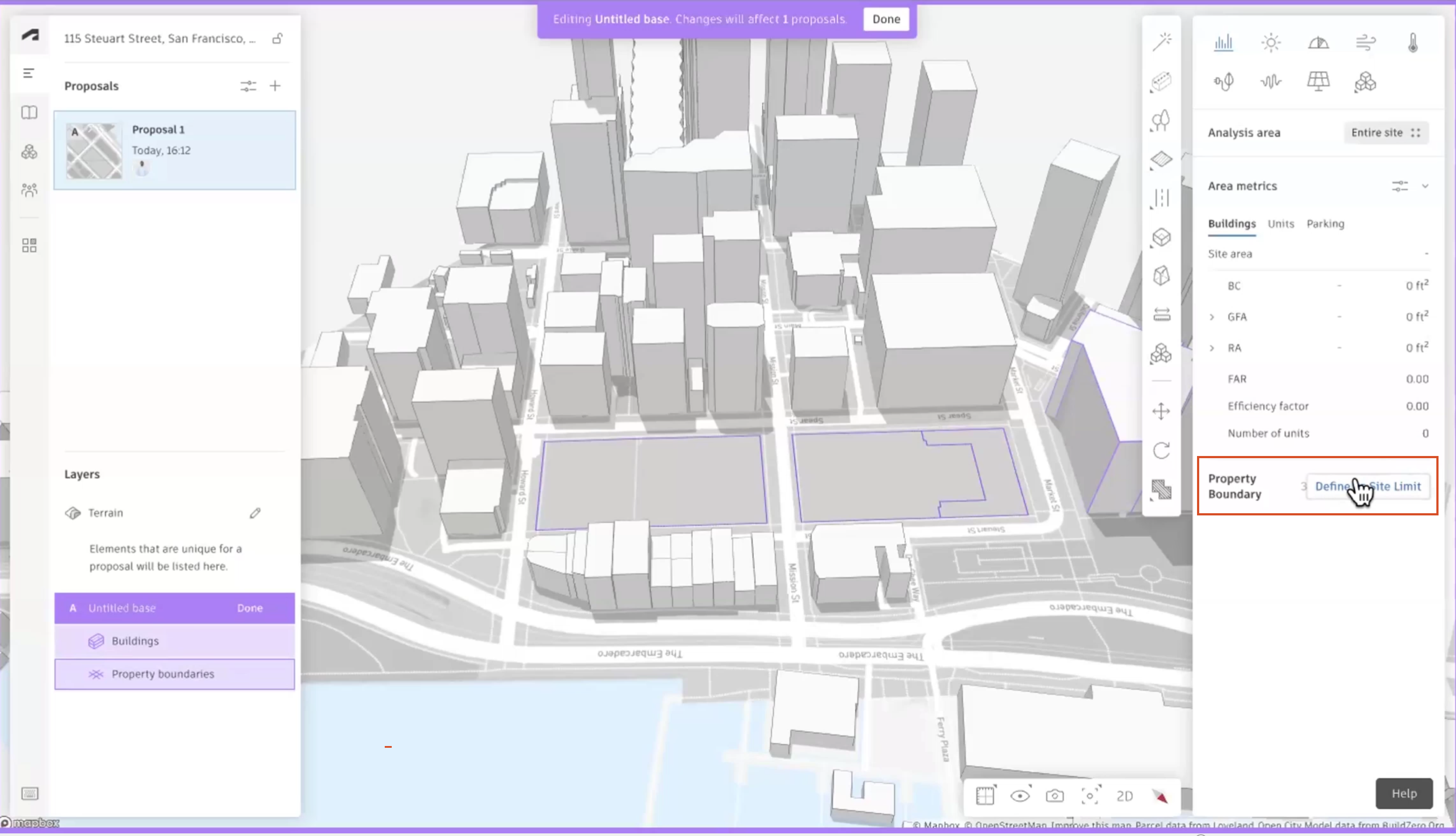 On the canvas, several property boundaries selected, and in the right panel, the number of selected properties displays, with Define as Site Limit selected and highlighted in red.