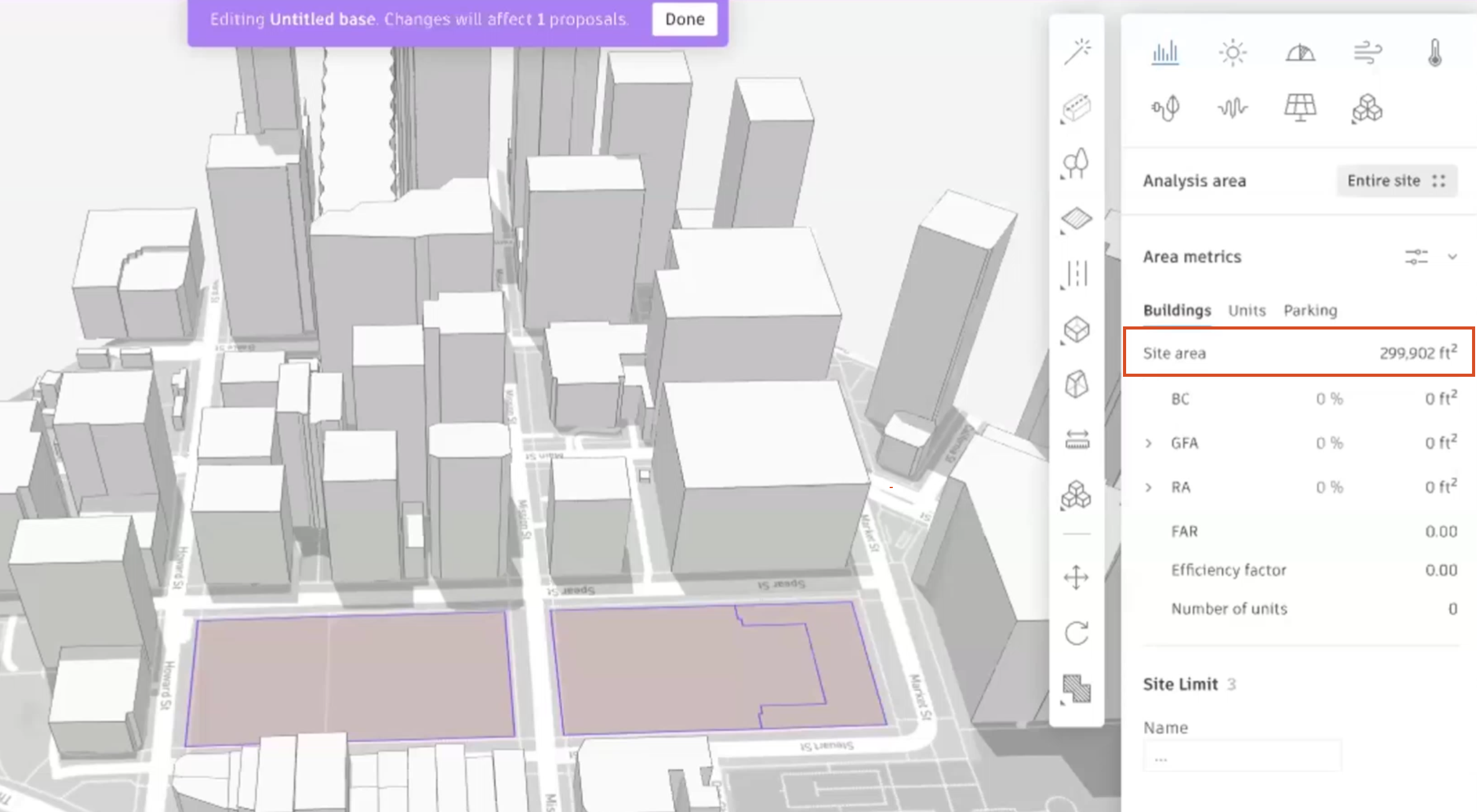 The site limits highlighted on the canvas, and in the right panel, the updated site area is highlighted in red.