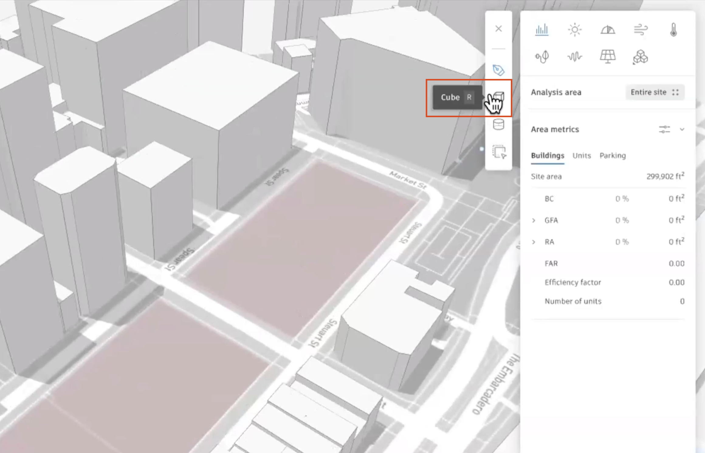 On the canvas, the constraint volume is selected, and in the updated toolbar, Cube is selected and highlighted in red.