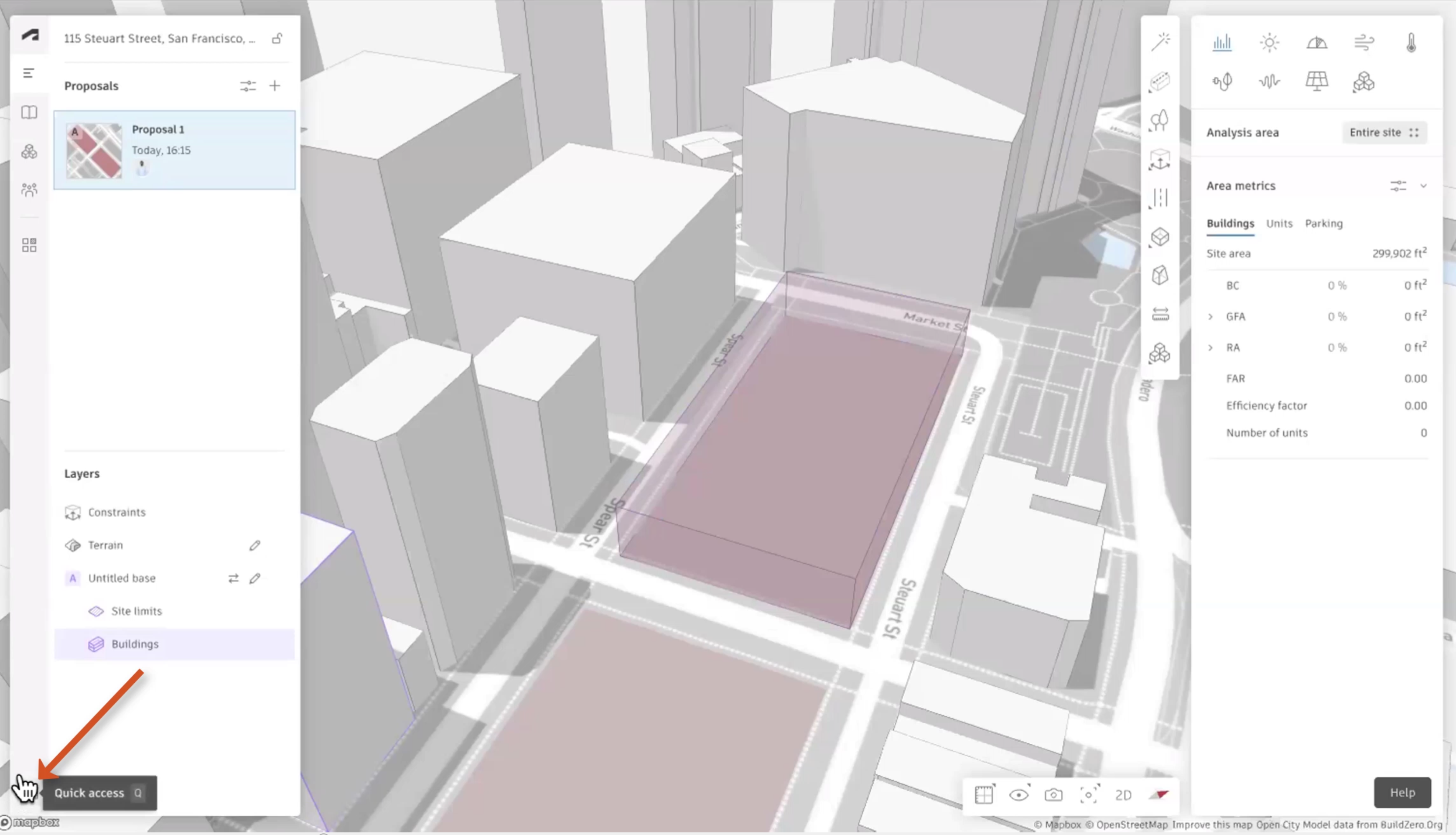 In the Forma interface, a project open on the canvas, and in the left panel, Quick access is selected and called out with a red arrow.