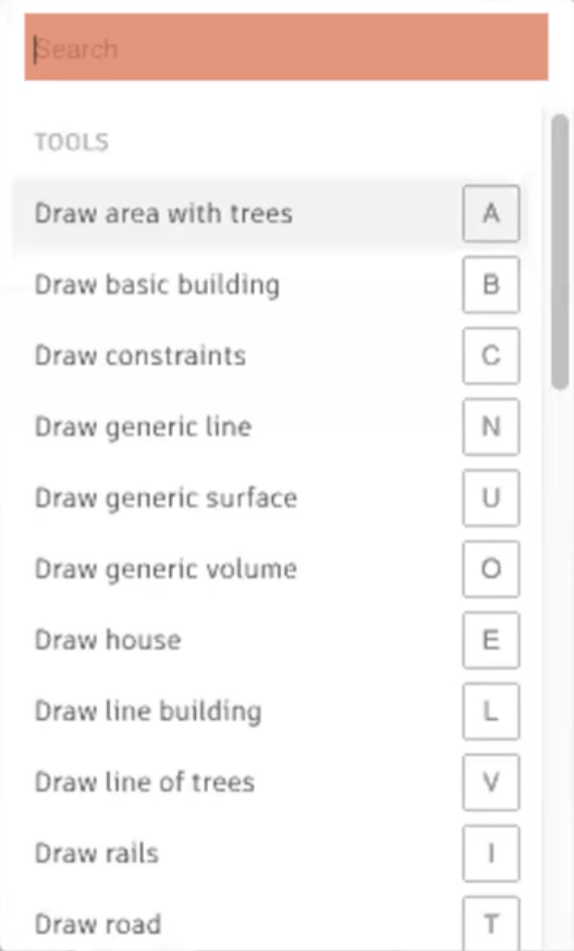 In the Quick access dialog, the Search field highlighted in red, and a list of tools with associated keyboard shortcuts.