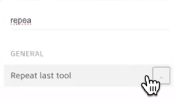 In the Quick access dialog, the Repeat last tool command and SPACEBAR keyboard shortcut selected for this example.