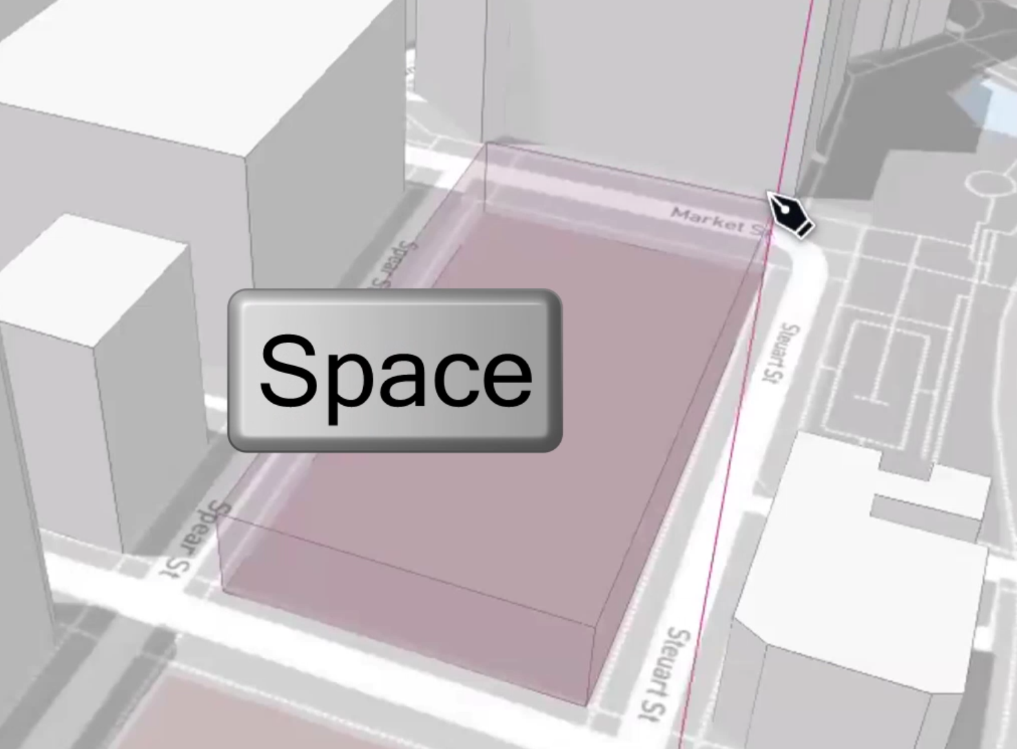 An image of the SPACE key, and the first corner picked to add a new constraint to the canvas.