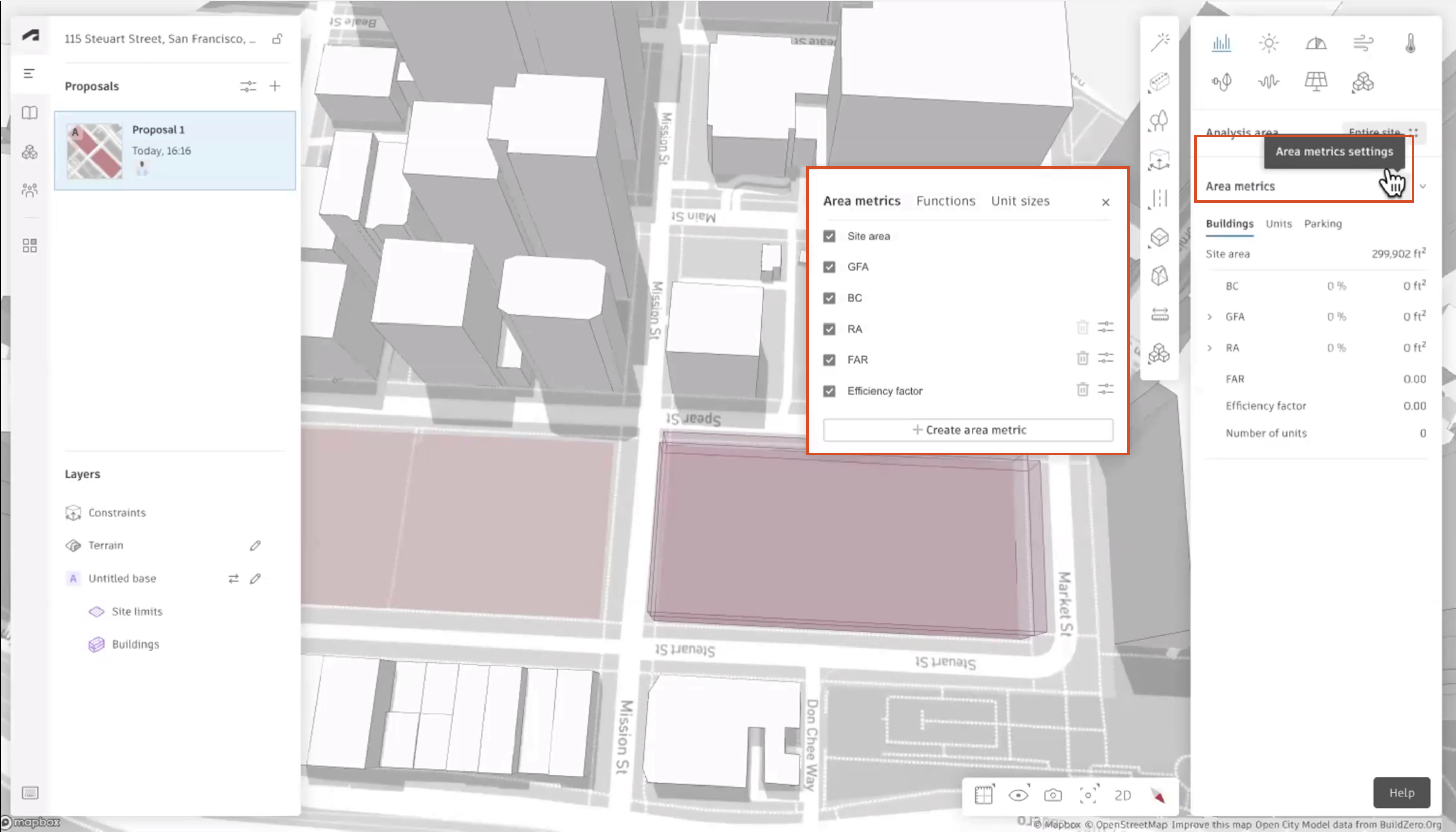 In the right panel of an open Forma project, Area metrics settings is selected and highlighted in red, and in the highlighted Area metrics dialog box, metrics specific to the project region are listed and enabled.