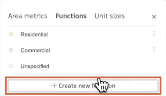 In the Area metrics dialog box, Functions tab, a list of default functions, with Create new function selected and highlighted in red.