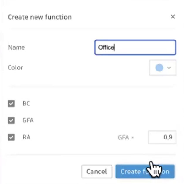 The Area metrics dialog box updated to show Create new function settings, with the Name and Color specified for this example, and Create function selected.