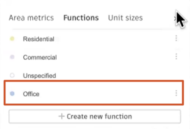 In the Area metrics dialog box, on the Functions tab, the function created for this example appears in the list and is highlighted in red.