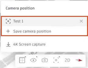 The Camera position flyout, with Save camera position selected.