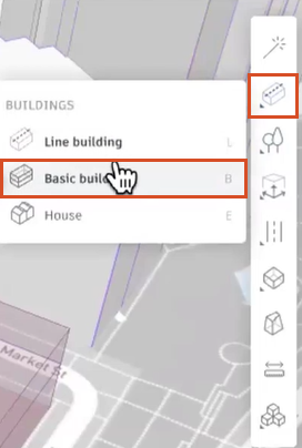 The Forma Design toolbar, with Buildings selected to reveal the flyout menu, where Basic buildings is being selected.