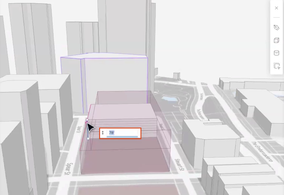 The Forma canvas, with the Height value being added to the new building in a type box.