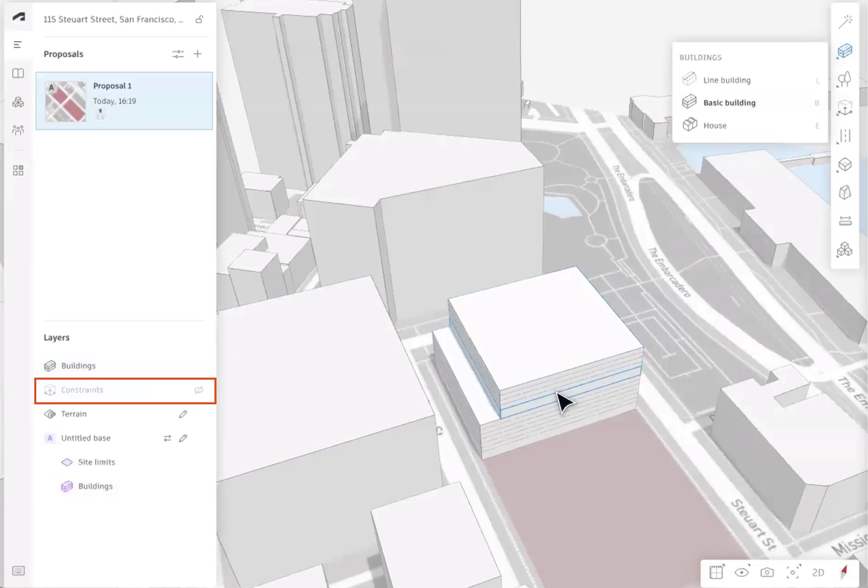 The Left panel, Navigator tab, with Hide Constraints selected and the canvas showing the newly created building and the Building tools still showing from the Design toolbar.