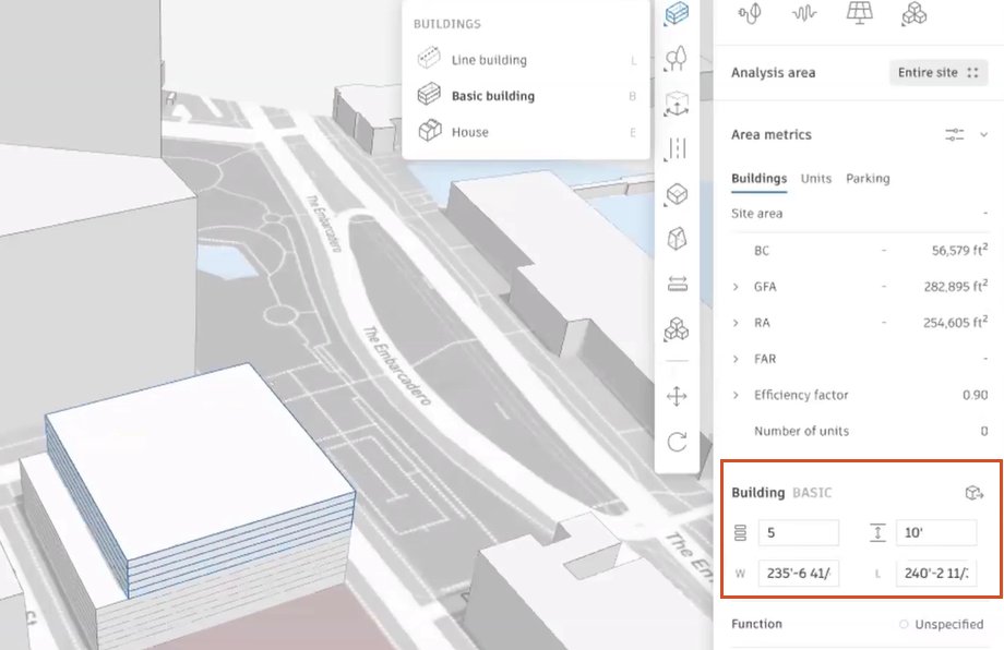 The Forma canvas, Design toolbar, and right panel, with the Building Basic settings highlighted in a red box.