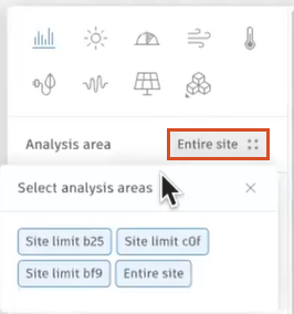 A closeup of the expanded area options in the right panel, which are used to select analysis areas; in this example, Entire site is highlighted for selection.