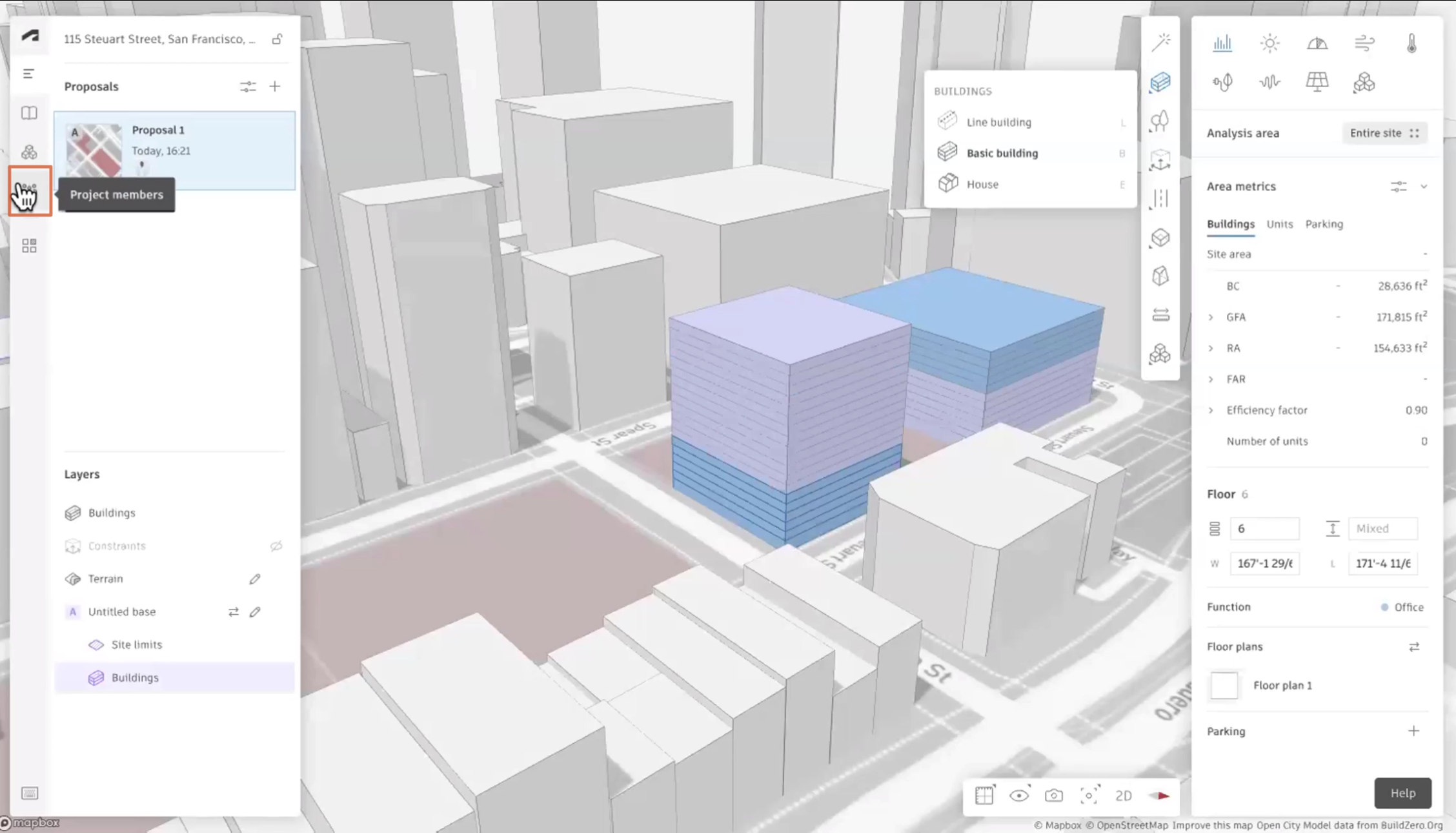 In the Forma interface, a project open on the canvas, and in the left panel, the Project members tab is selected.