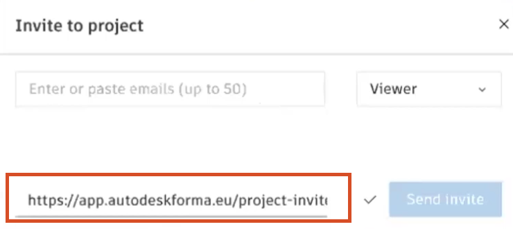 The Invite to project dialog box, with the generated link highlighted in red.