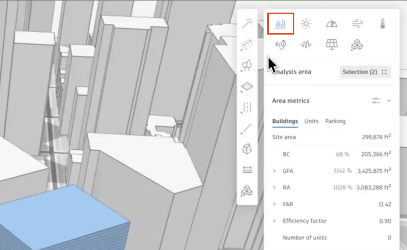 In an open Forma project, a zoomed-in view of the right panel, with Area metrics highlighted in red.