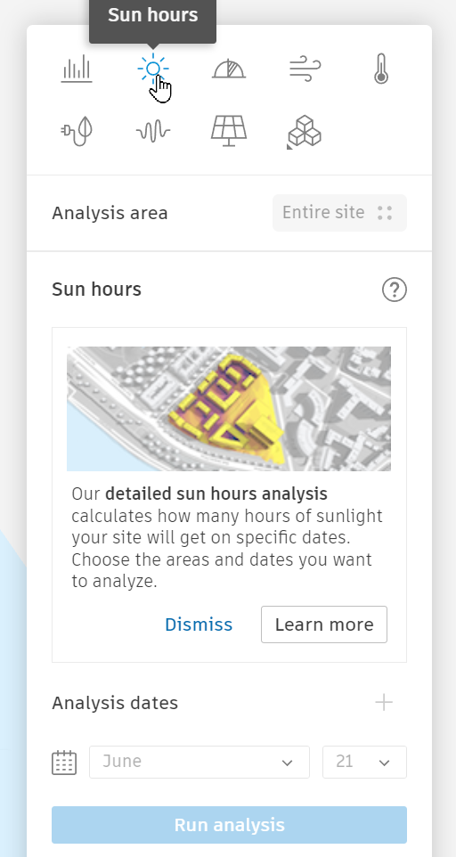 In the right panel, the Sun hours analysis selected, with a description and relevant settings displayed.