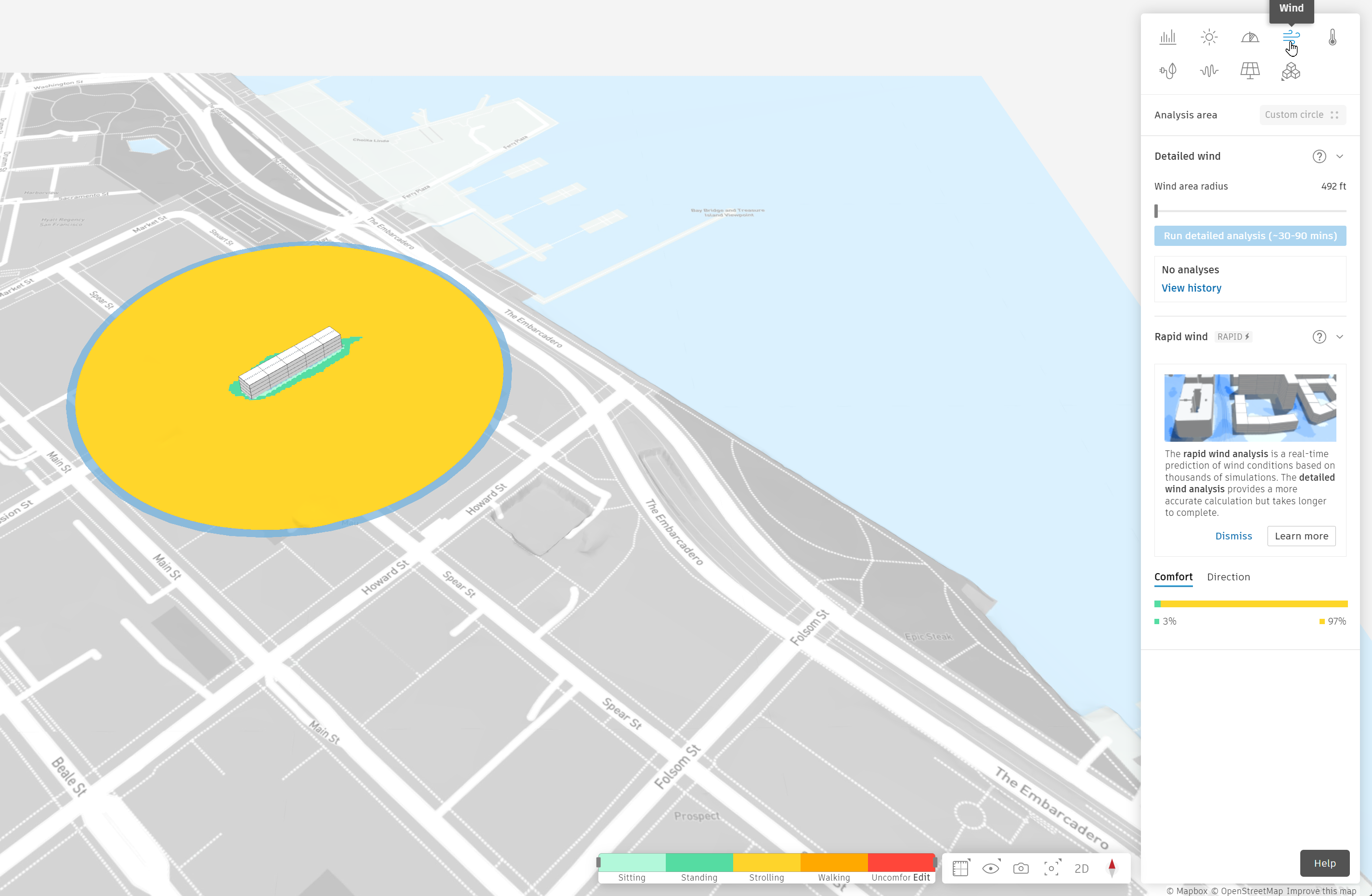 In the right panel, the Wind analysis selected in the Analyze menu, and on the canvas, an example of a rapid wind analysis.