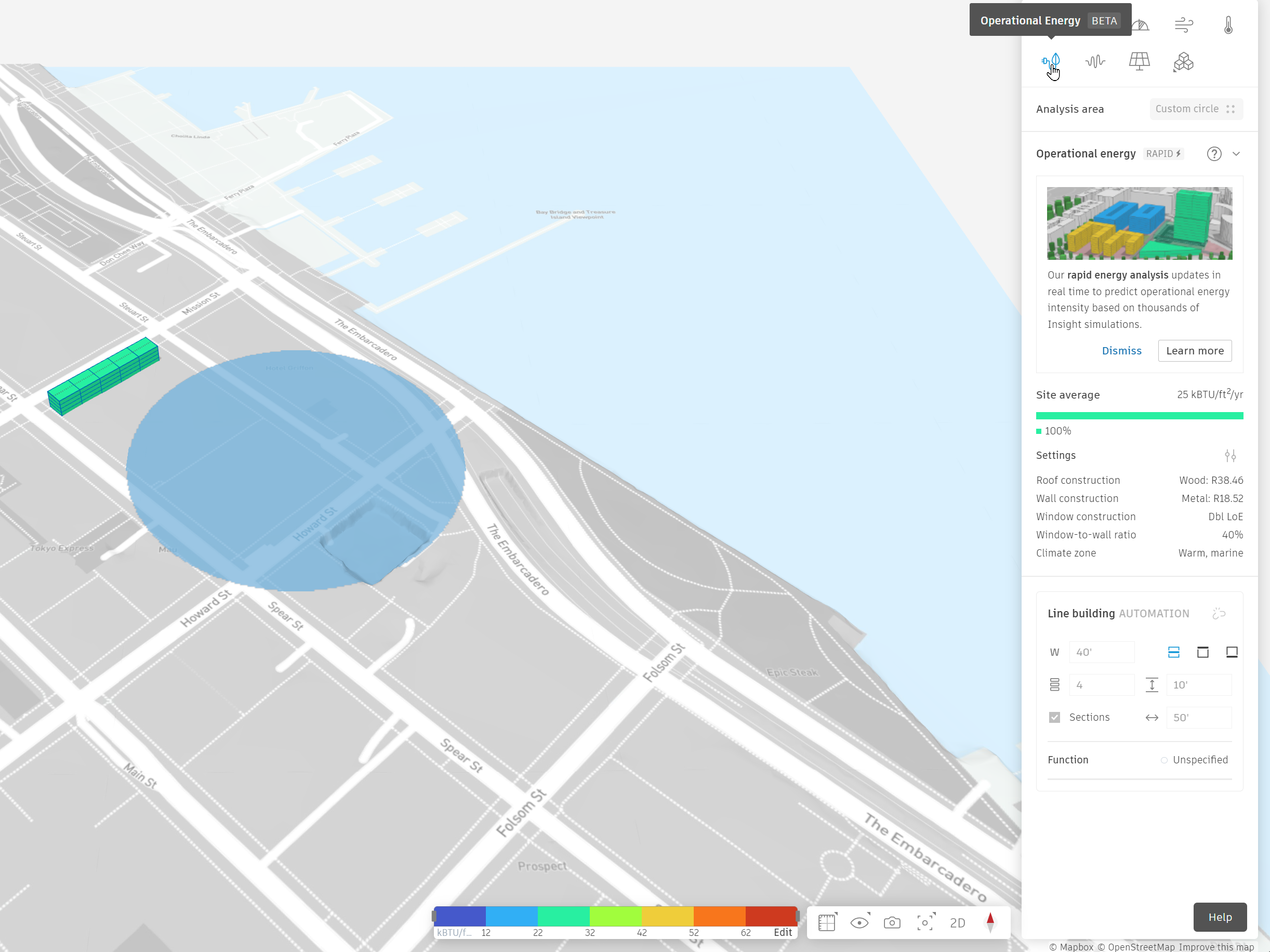 In the right panel, the Operational energy analysis selected in the Analyze menu, and on the canvas, an example of a rapid energy analysis.