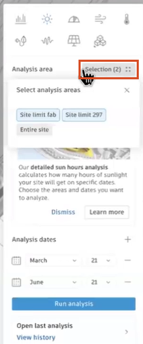 The right panel, with the Sun hours analysis active and the Selection tab selected.