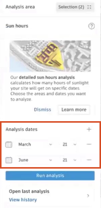 The right panel, with the Sun hours Analysis dates active and March and June chosen as the dates for analysis.