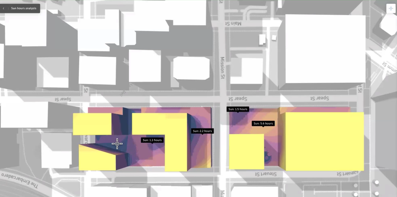 The canvas set to a top view of the buildings and site, with selected inspection points displaying the number of sun hours.