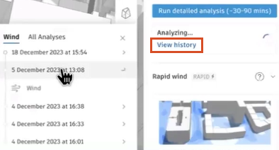 On the right, the Detailed wind section of the right panel, with View history highlighted, and on the left, the list of previous analyses open in the flyout.