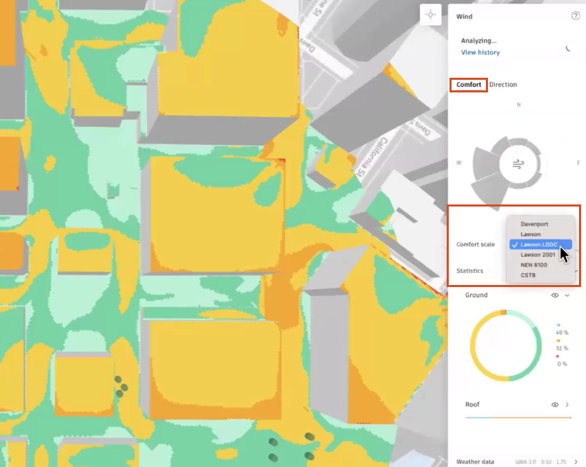 The canvas and right panel, with the Comfort tab open and the Comfort scale highlighted and set to Lawson LDDC, and the corresponding results displayed in the canvas in gradients of yellow to green.