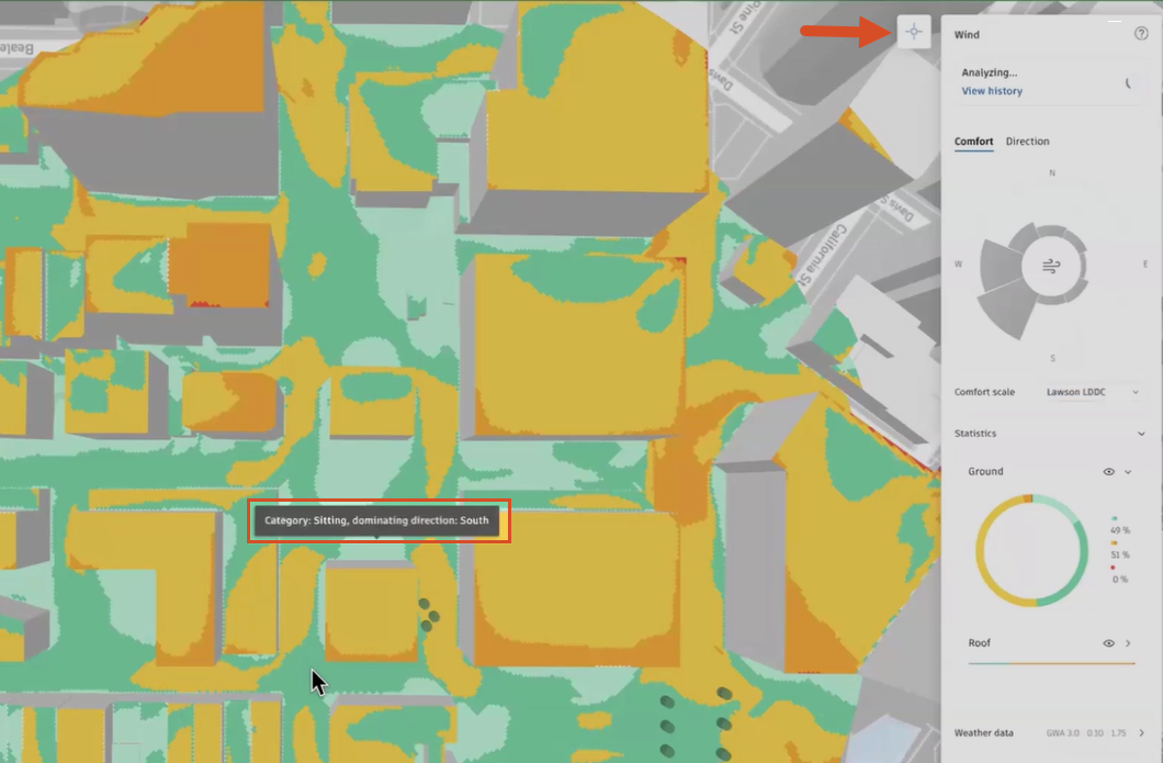 The canvas and right panel, with the wind analysis active in gradients of yellow to green and Inspect selected, with a point chosen in the canvas to reveal the comfort scale.