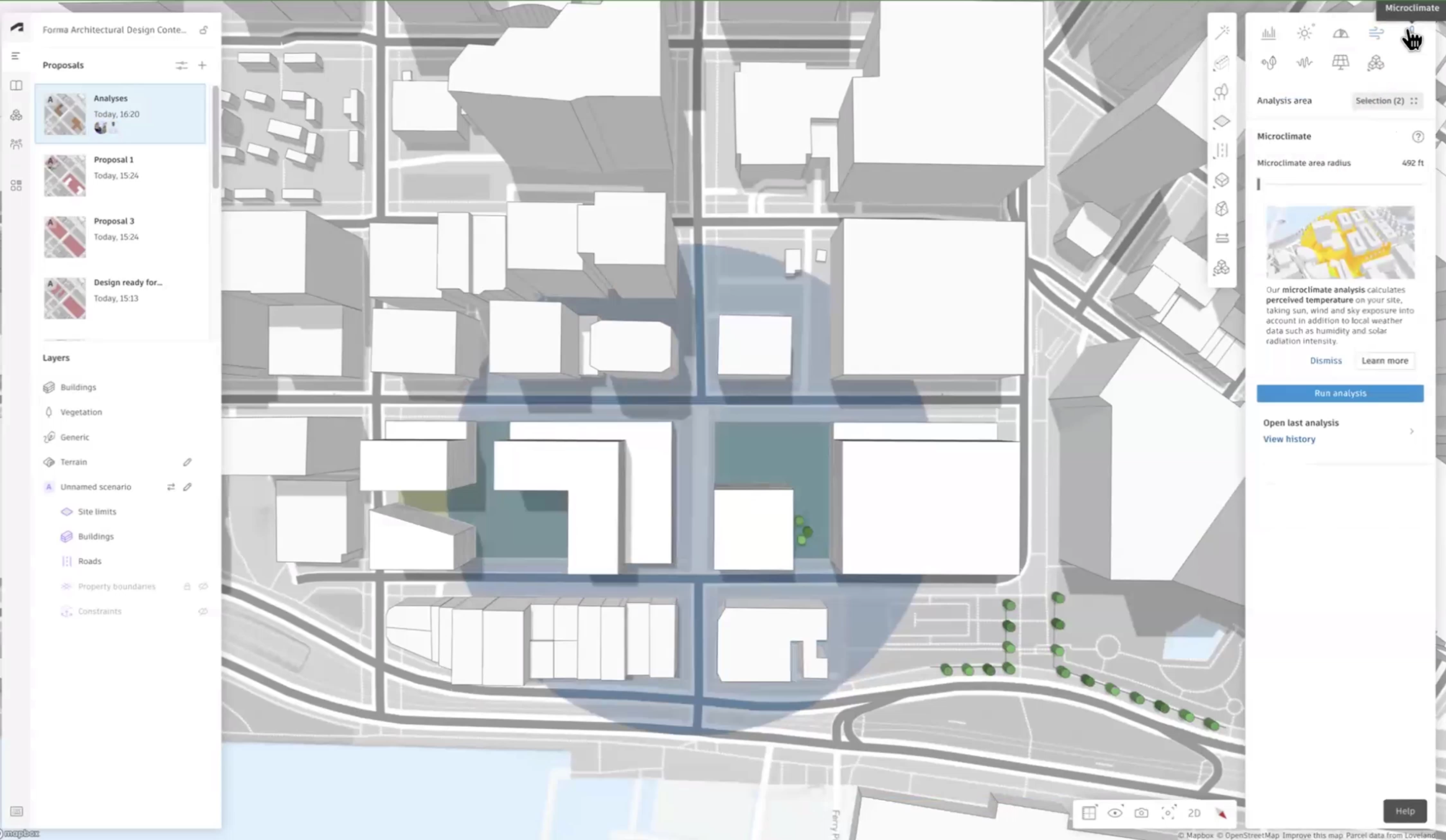 The Forma interface, with a project open in the canvas, and in the right panel, Analyze menu, Microclimate selected.