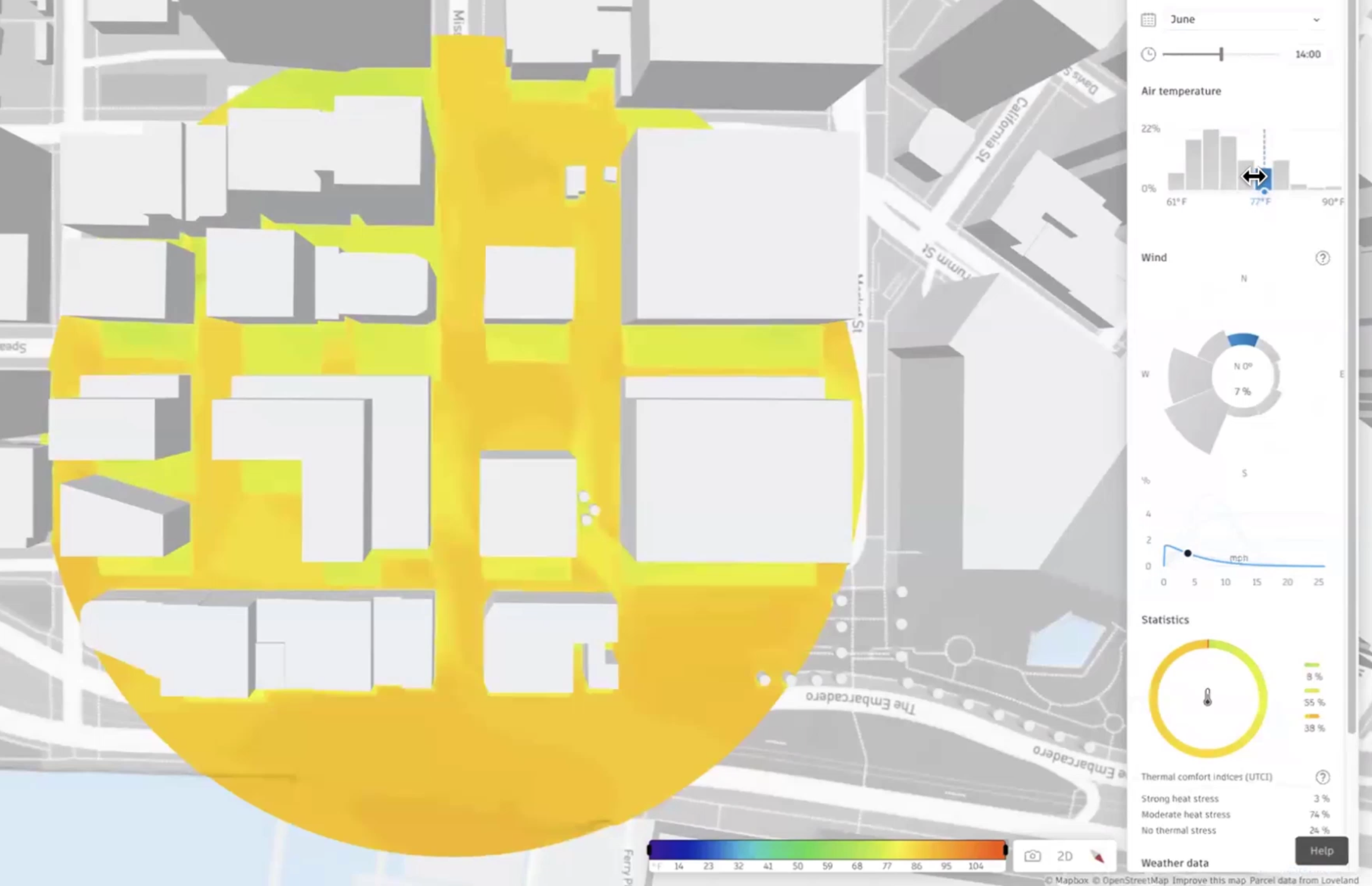 In the right panel, one of the bars in the Air temperature graph selected, and on the canvas, updated results for the thermal comfort indicators display in gradients of yellow and orange.