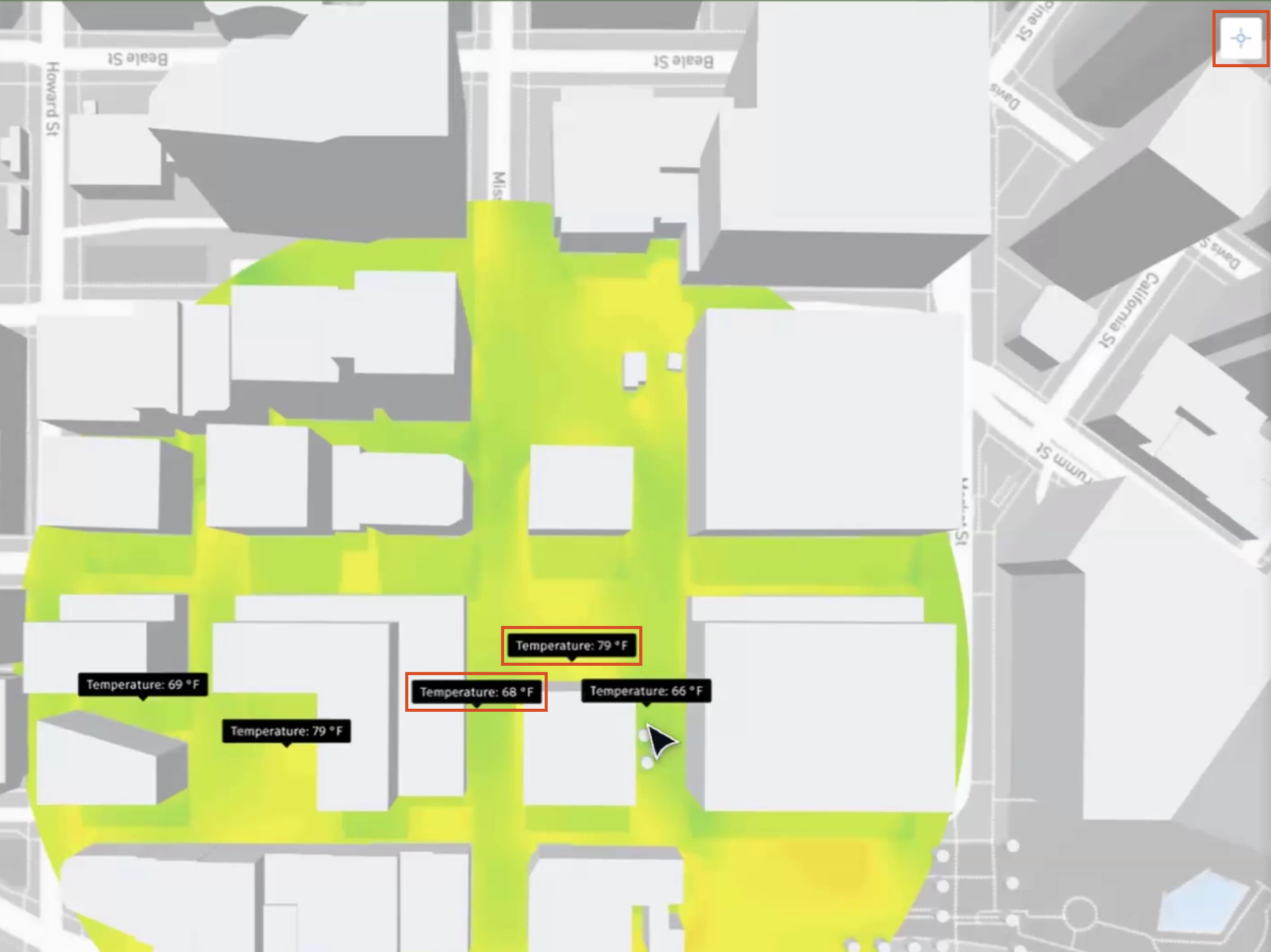 On the canvas, the Inspect button highlighted in red, and at selected points, perceived temperatures are displayed, with two close points highlighted to show a 10-degree temperature difference.