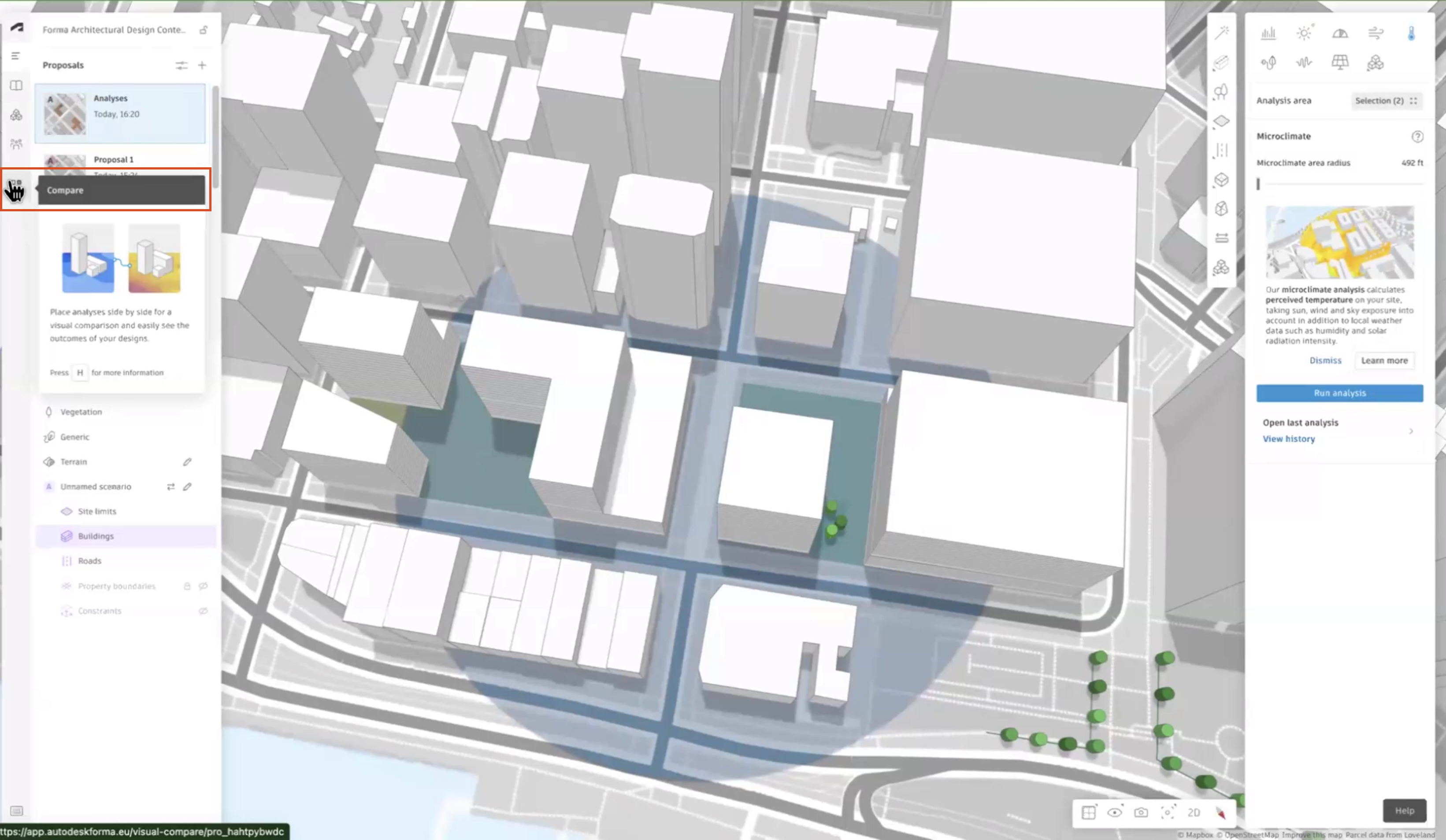 The Forma interface, with an open project in the canvas, analyses already having been run, and in the left panel, Compare selected and highlighted