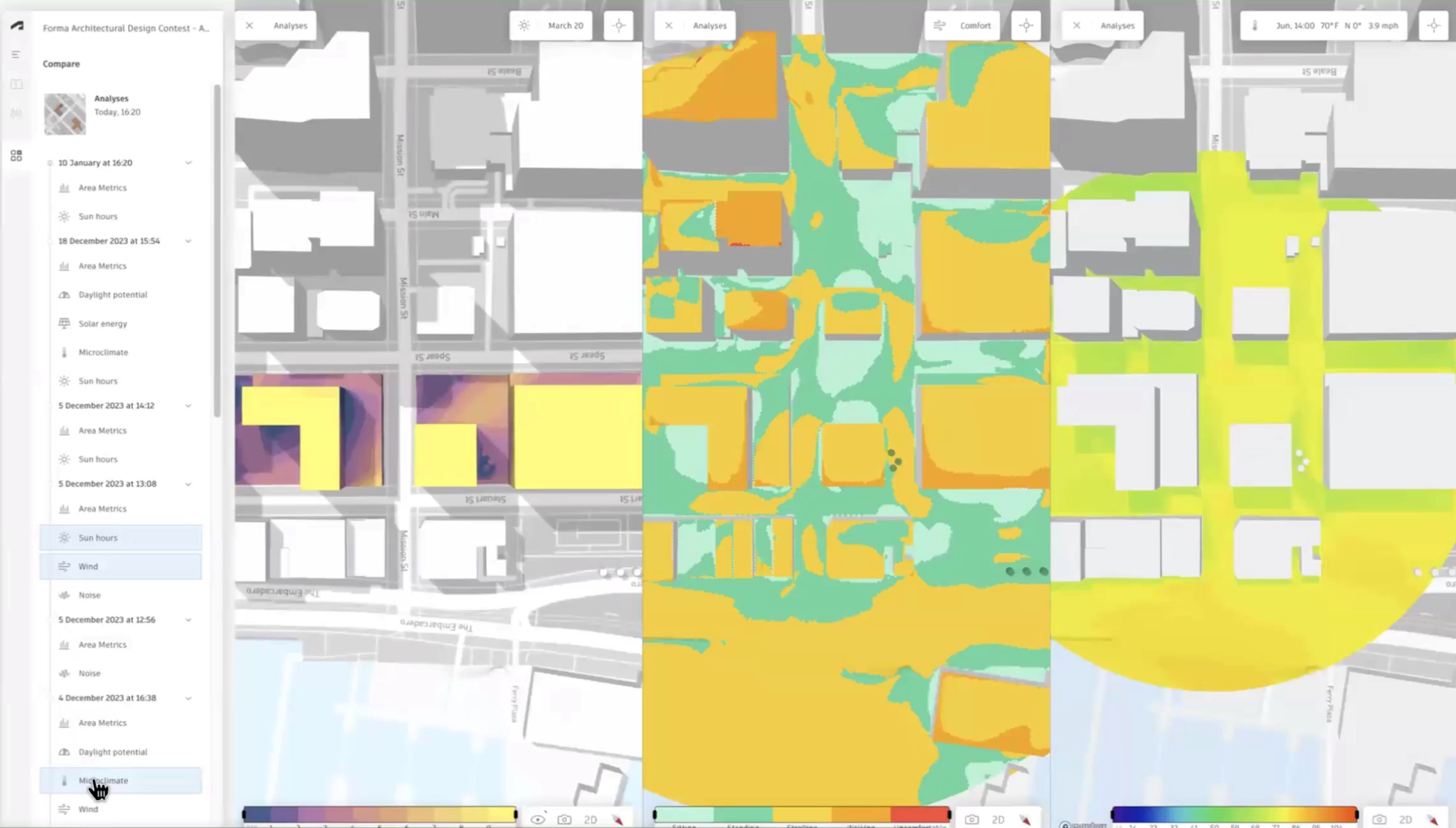 In the left panel, 3 analyses selected in the analysis history, and on the canvas, the 3 analyses appear side-by-side.