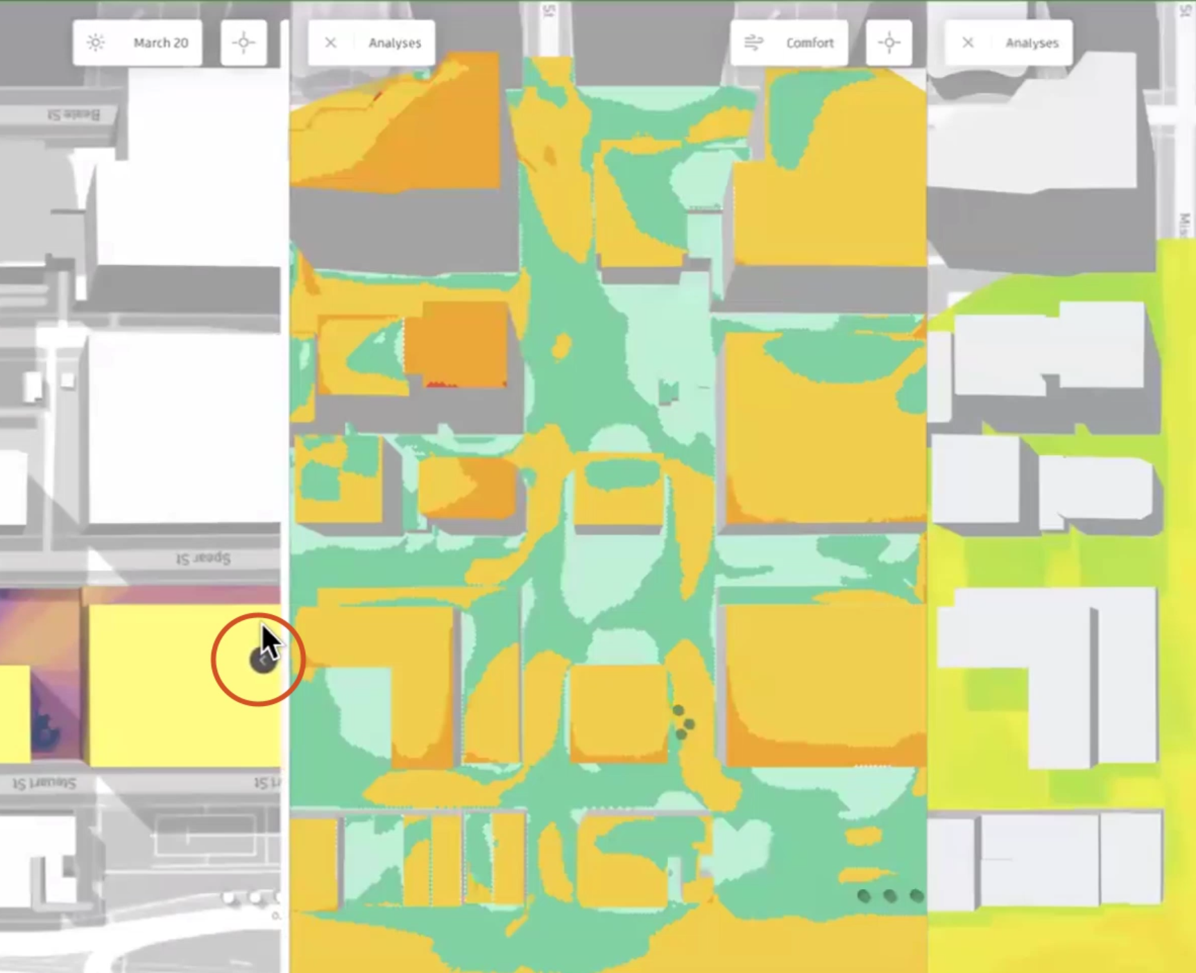 On the canvas, the cursor clicking the arrow at the edge of the analysis panel, highlighted in red.