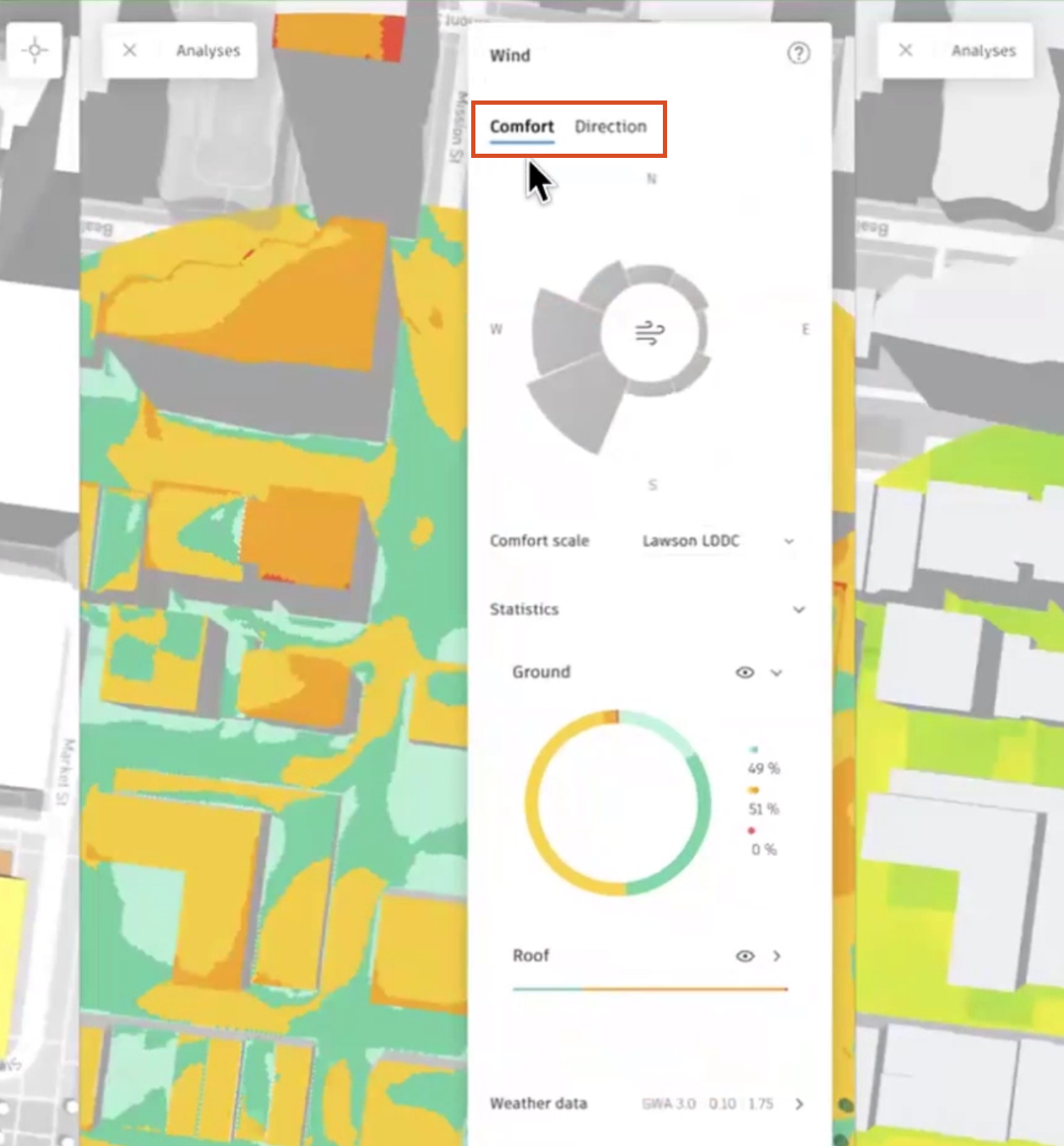 In the expanded Wind analysis panel, the Comfort and Direction results options are highlighted.