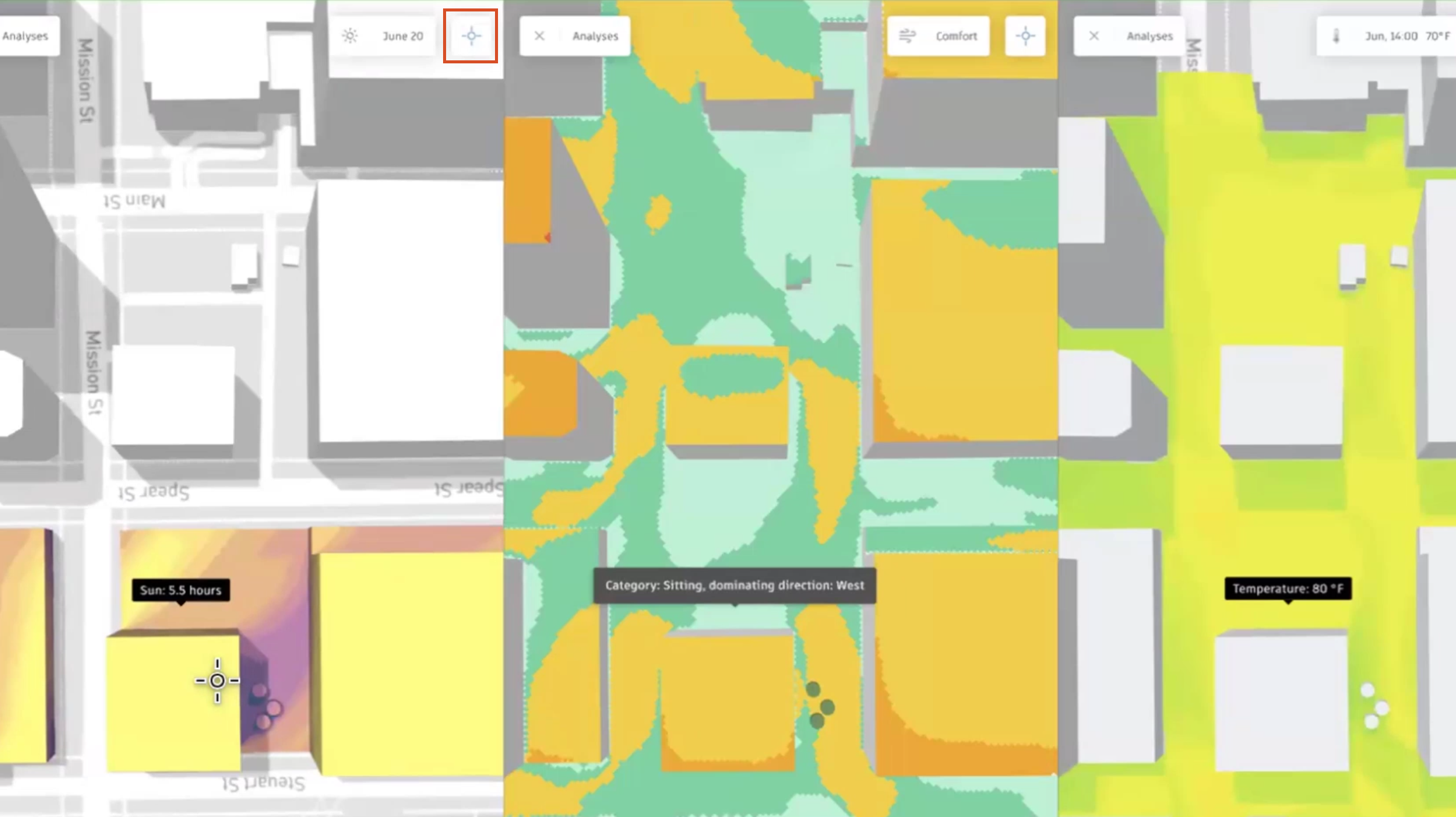 In the first scene, the Inspect button highlighted in red and a point picked, with relevant information displayed for that point in each open analysis.