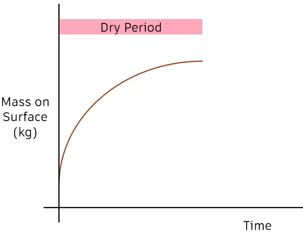 A graph that represents the mass of pollutant on the catchment surface as a function of time.